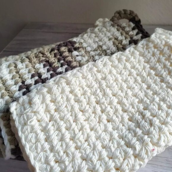 3 Crochet DISHCLOTH WASHCLOTH 100% Cotton Handmade Brown Variegated Off White - Picture 3 of 8